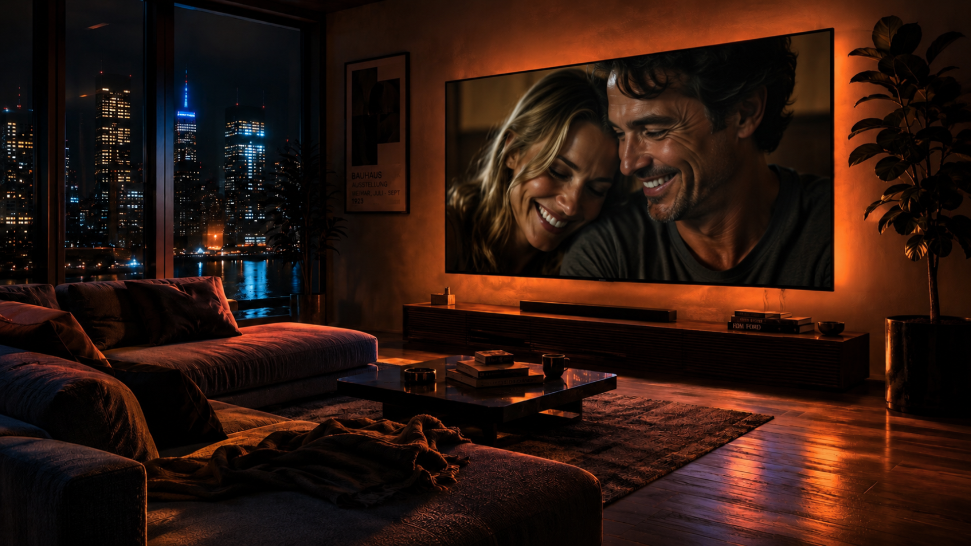 Cinematic living room with large screen